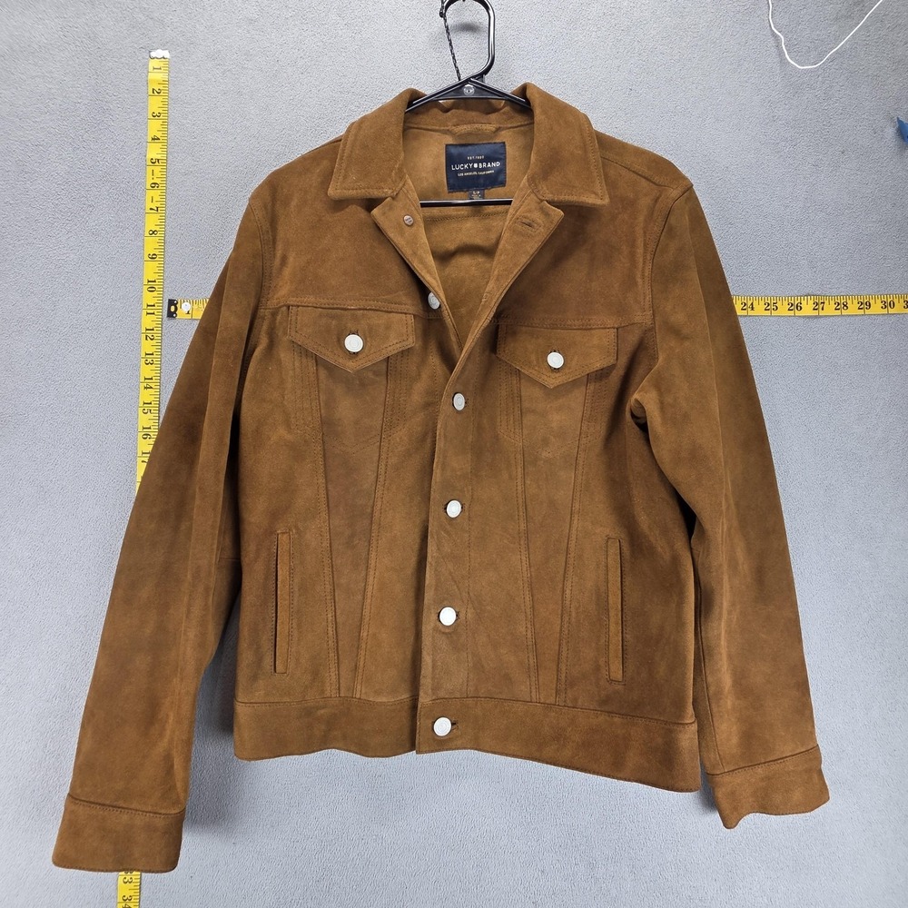 Lucky Brand Jacket Mens Small Brown Suede Bomber Snap Trucker Lined Casual